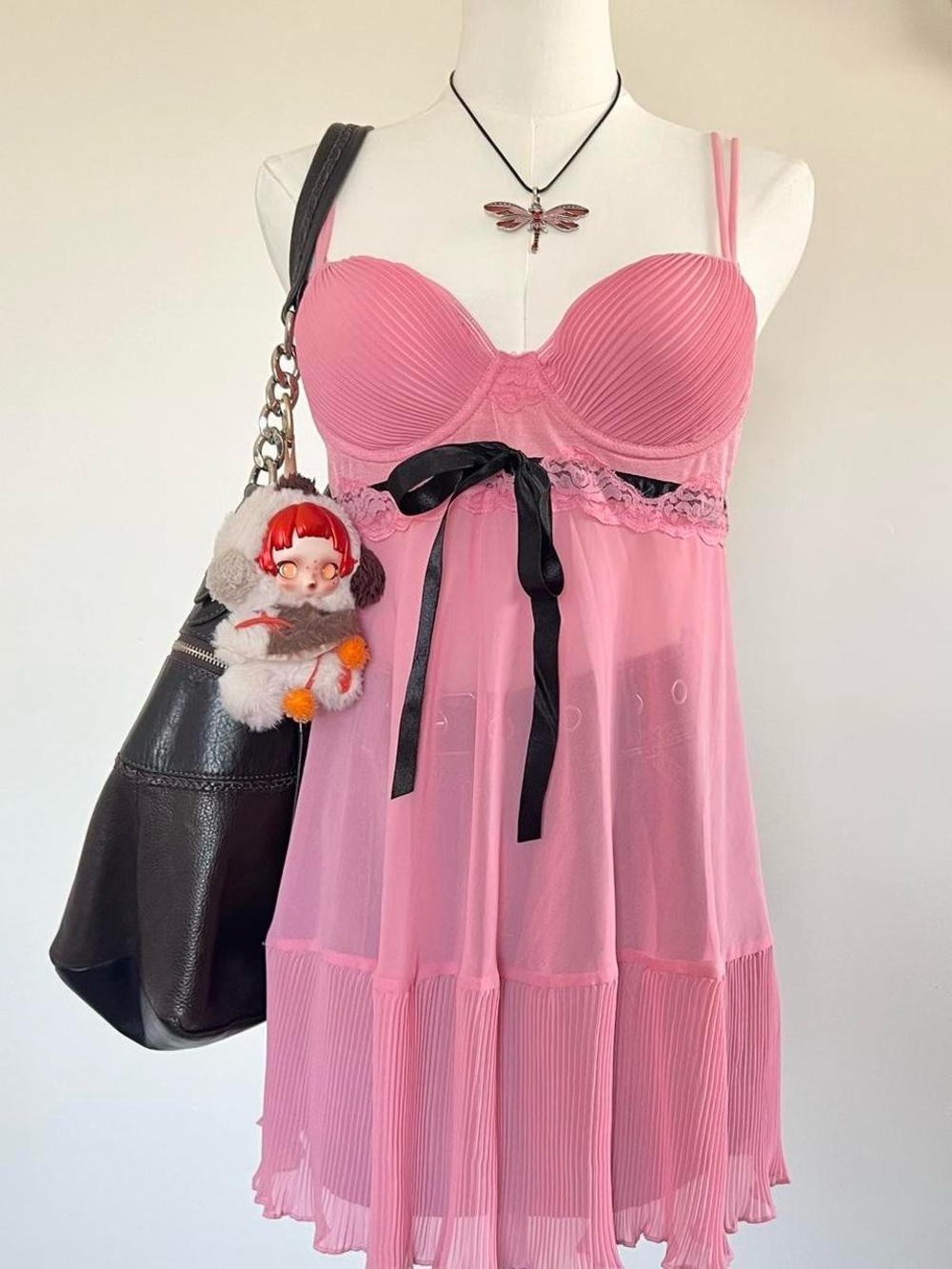 delicates Pink Sheer Lingerie Top with Black Accent